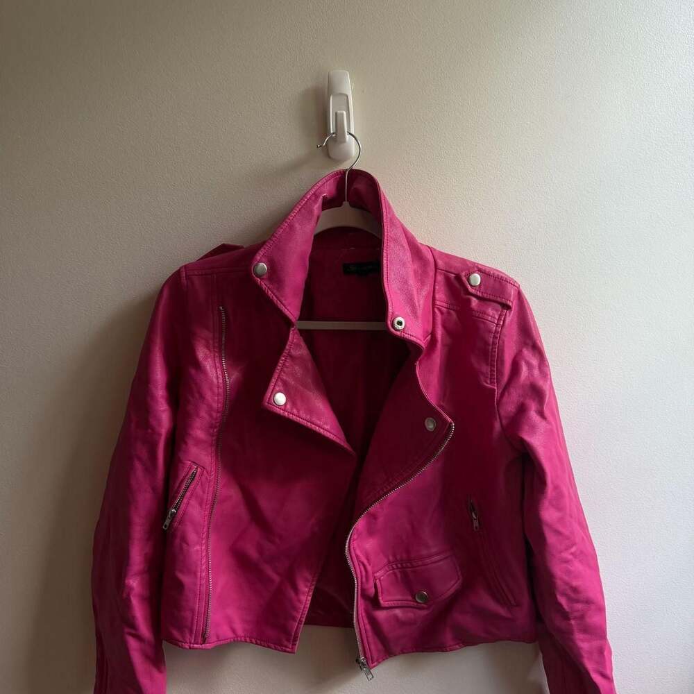 Shinestar Pink Cropped Faux Leather Biker Jacket